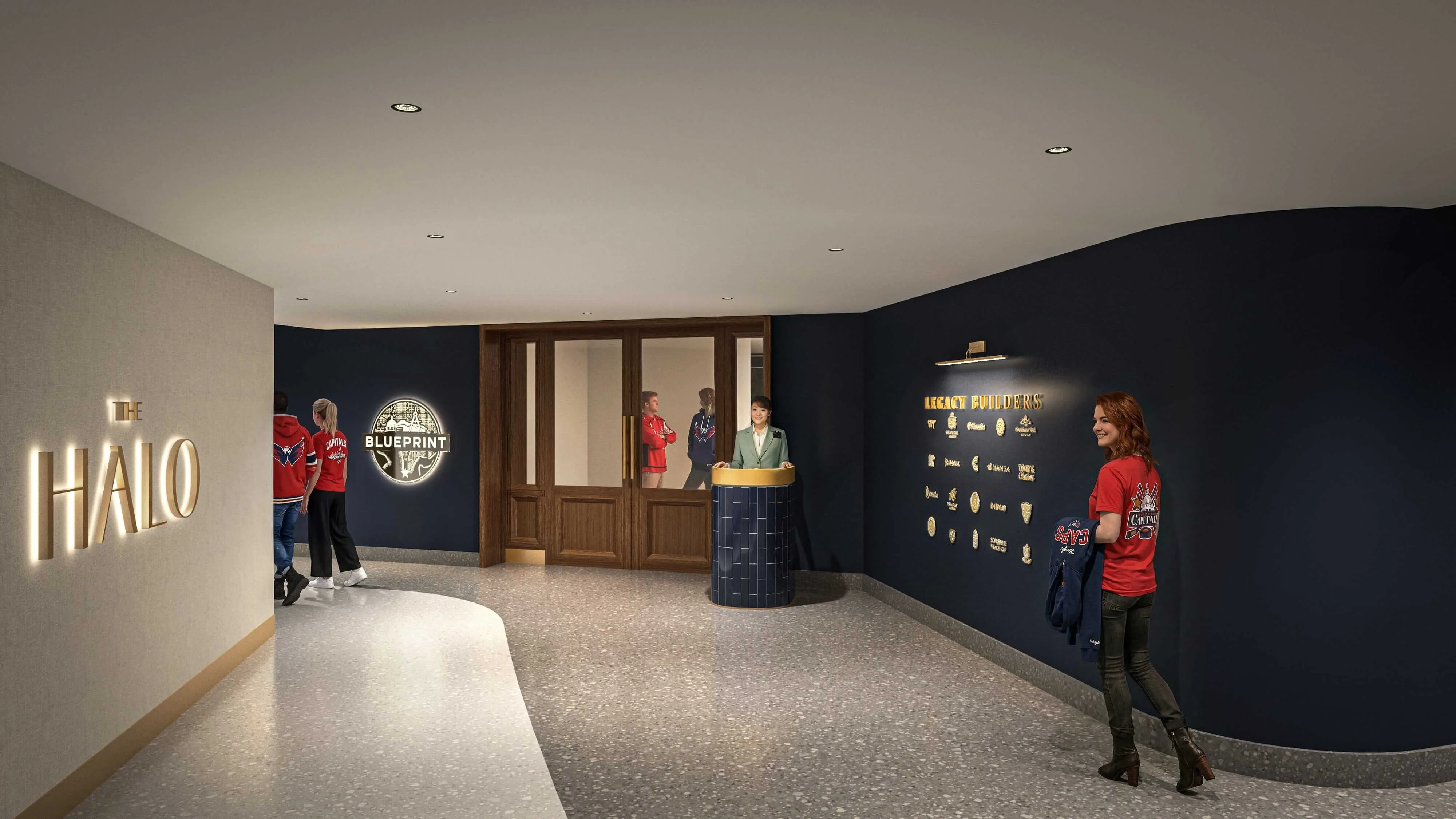 Blueprint Studios entrance with concierge desk and illuminated club signage