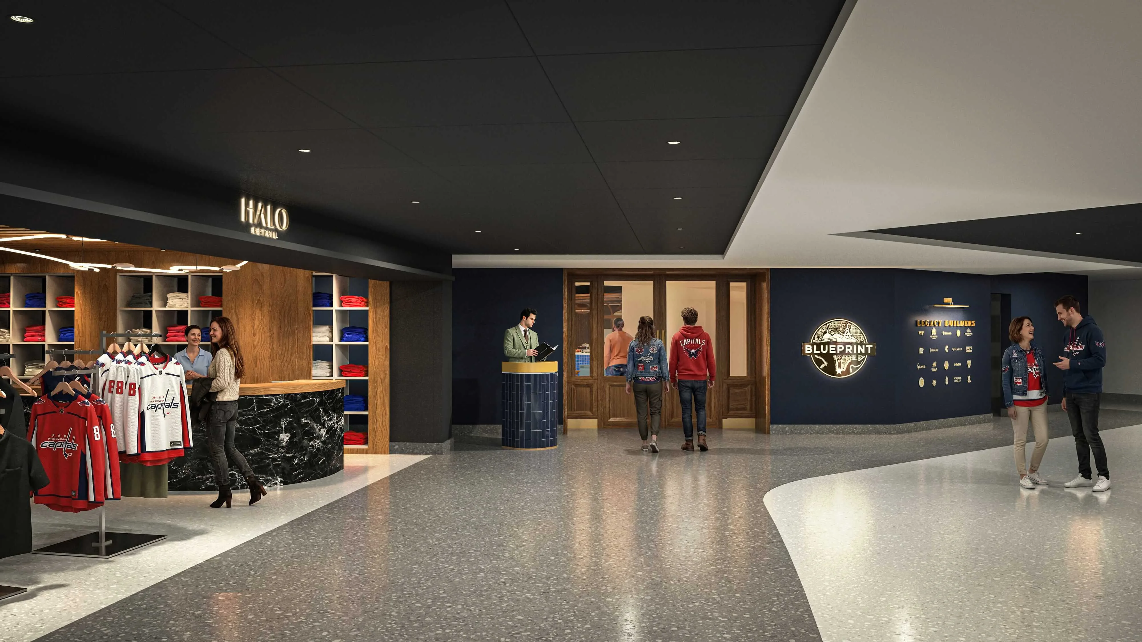 Blueprint Studios entrance beside a Halo retail shop displaying team apparel