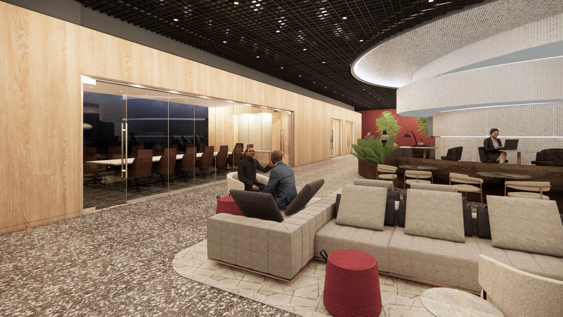 Conference Center business meeting room with tables and presentation screens