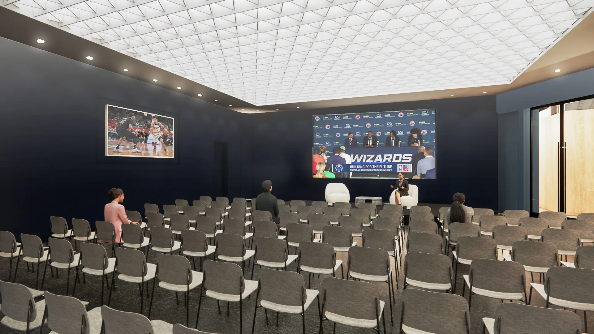 Conference Center boardroom with conference seating and display screens