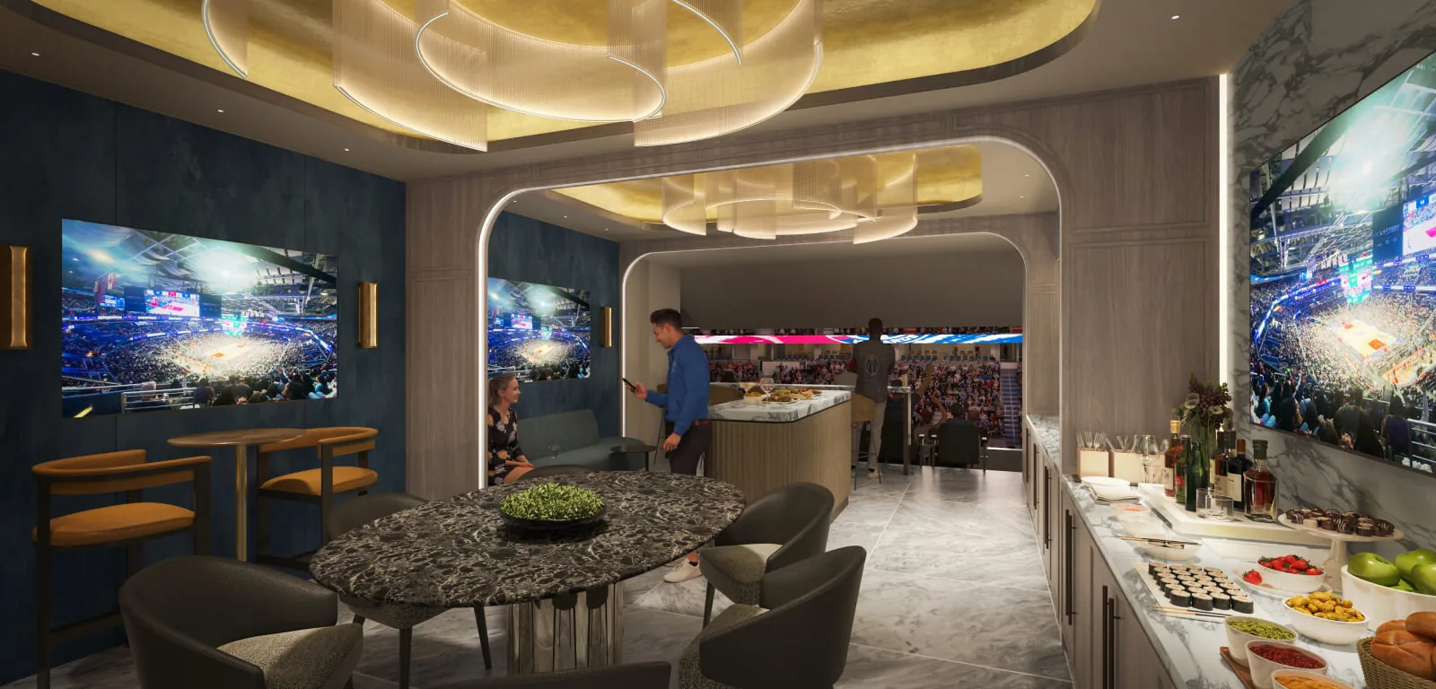 Founders Suite lounge with dining space and premium finishes