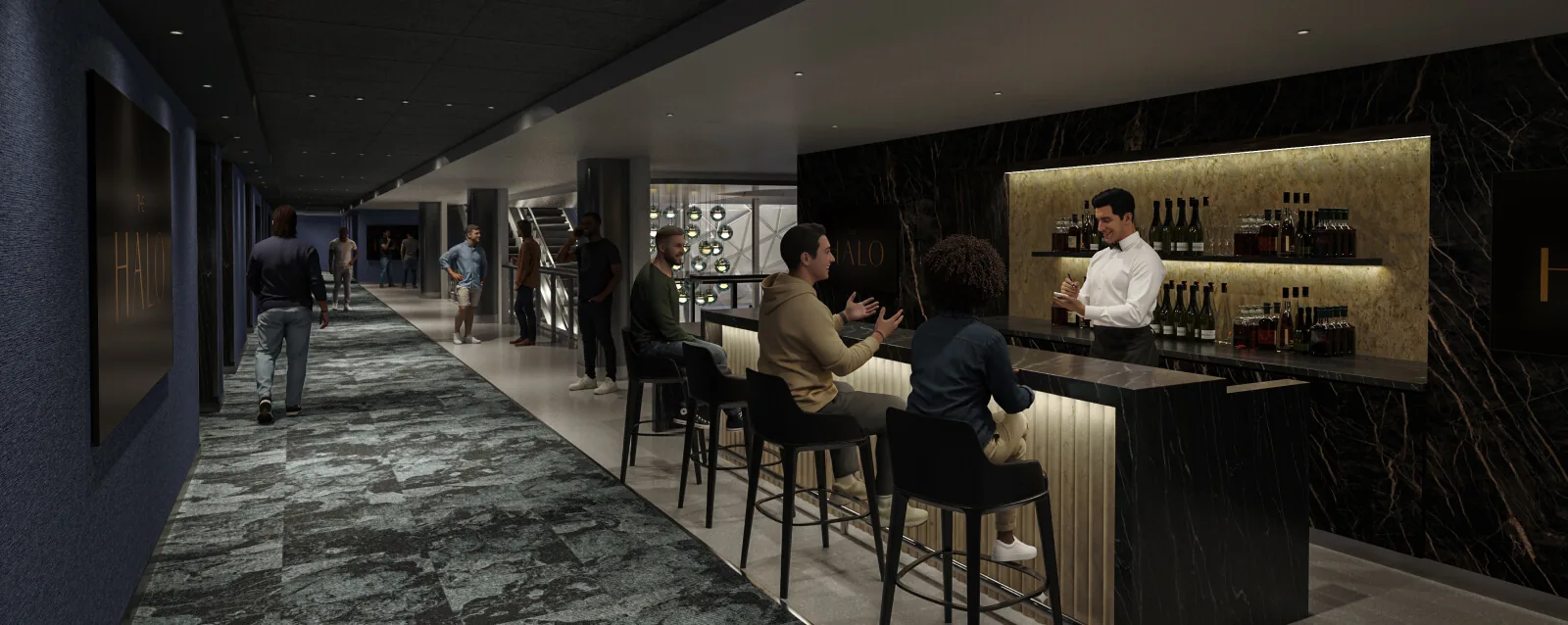 Bar Halo welcome bar with cocktail seating on the 300 Level