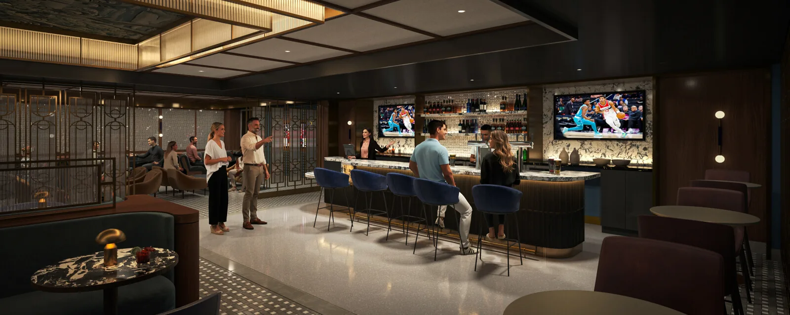 The Brasserie cocktail bar with marble counters and intimate lounge seating