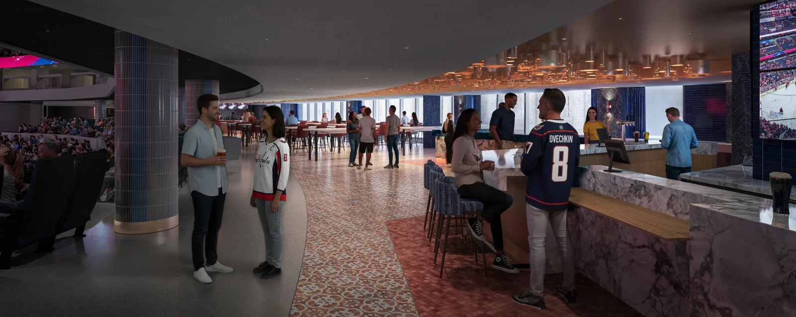 Cantina lounge with a marble bar, patterned floor, and views into the arena