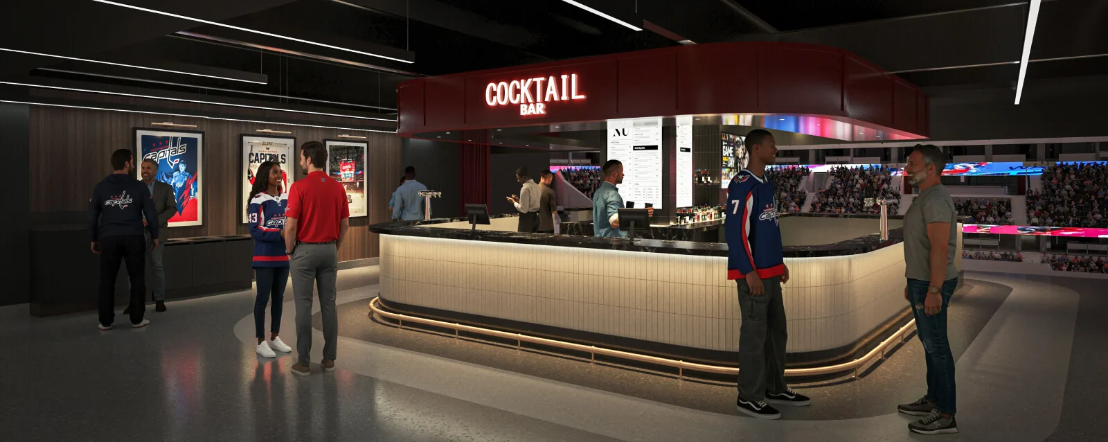 Center bar with cocktail seating and an open view of the arena bowl