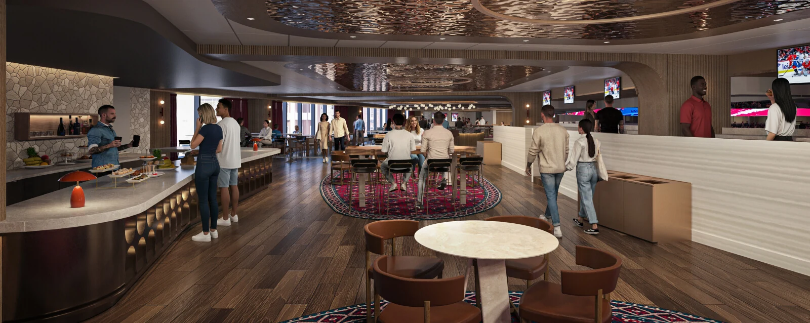 The dancker Club premium lounge with a buffet counter, communal tables, and arena views
