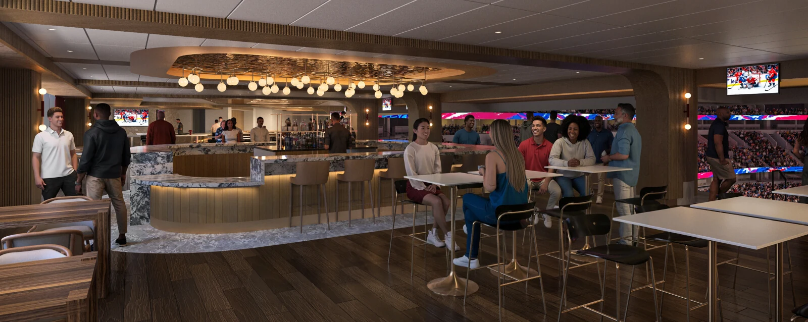 The dancker Club bar with high-top seating and open views into the arena bowl