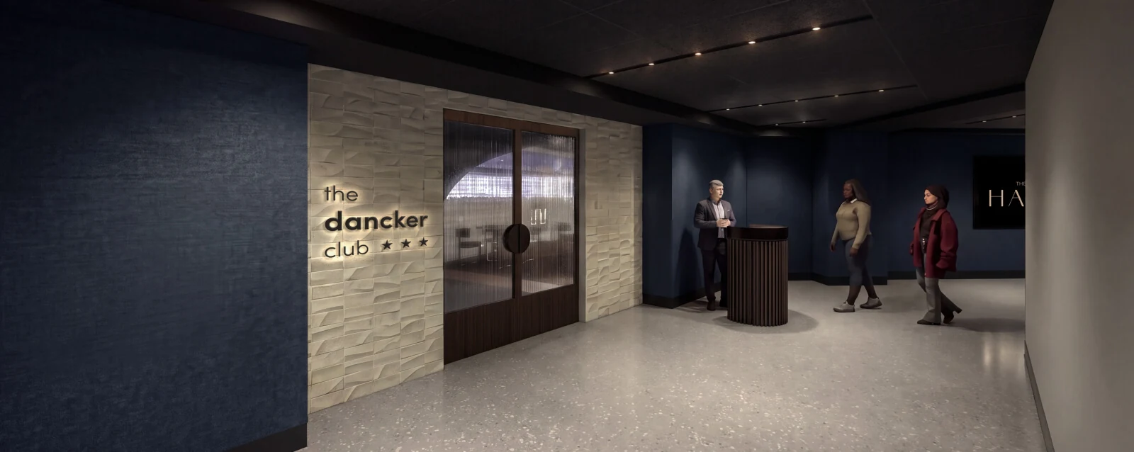 Entrance to the dancker Club with illuminated signage and double doors
