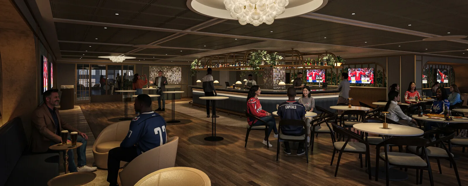 Modern Asian dining room with a central bar, lounge seating, and televisions