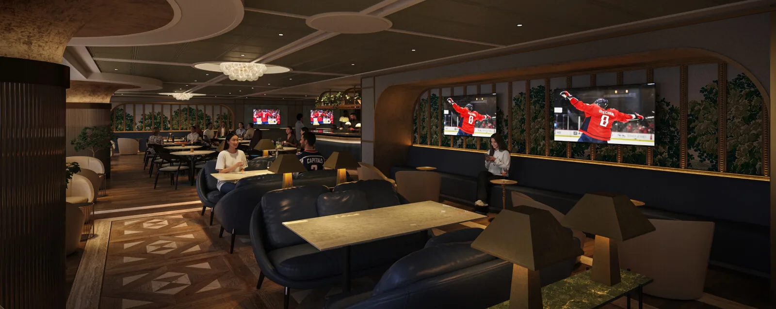 Modern Asian lounge with curved booths, low tables, and wall-mounted televisions