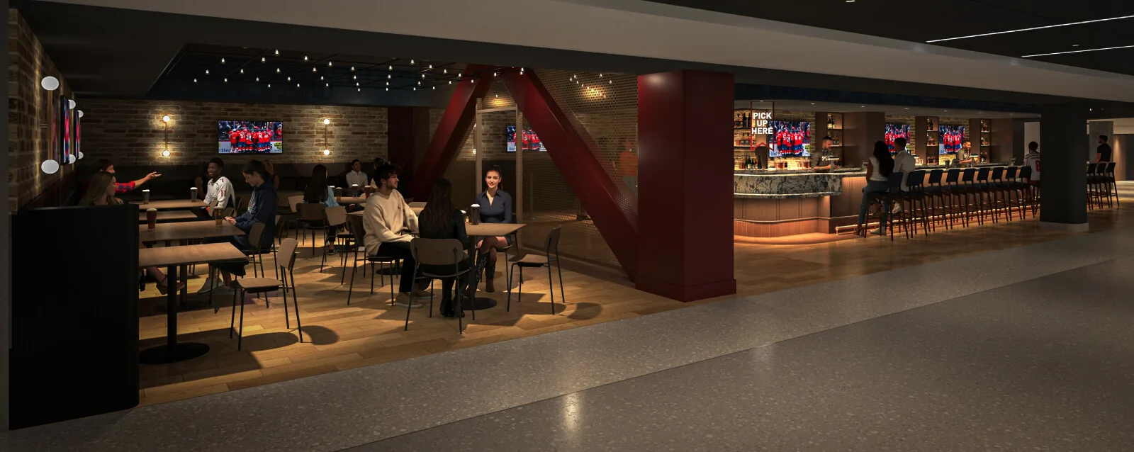 North Beer Hall with communal tables, a full bar, and views of the arena
