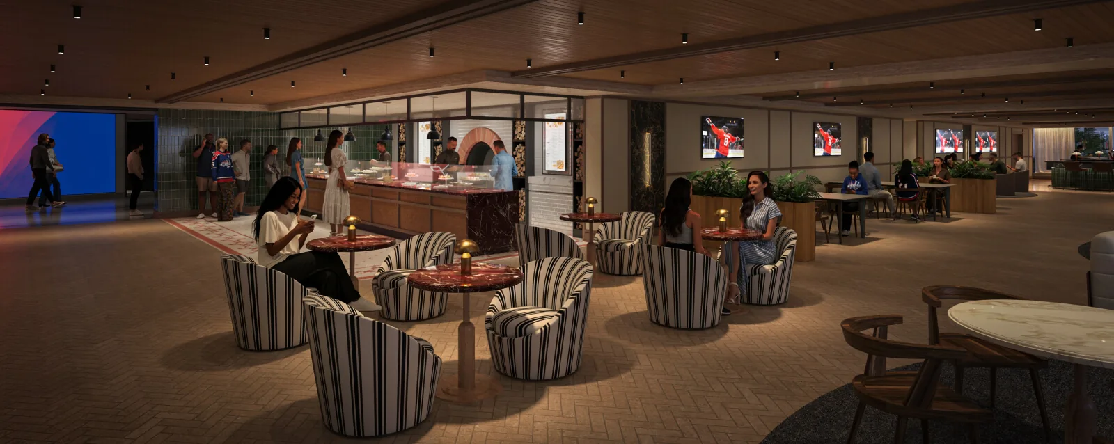 Pizza & Wine Bar dining room with striped lounge chairs and an open pizza kitchen