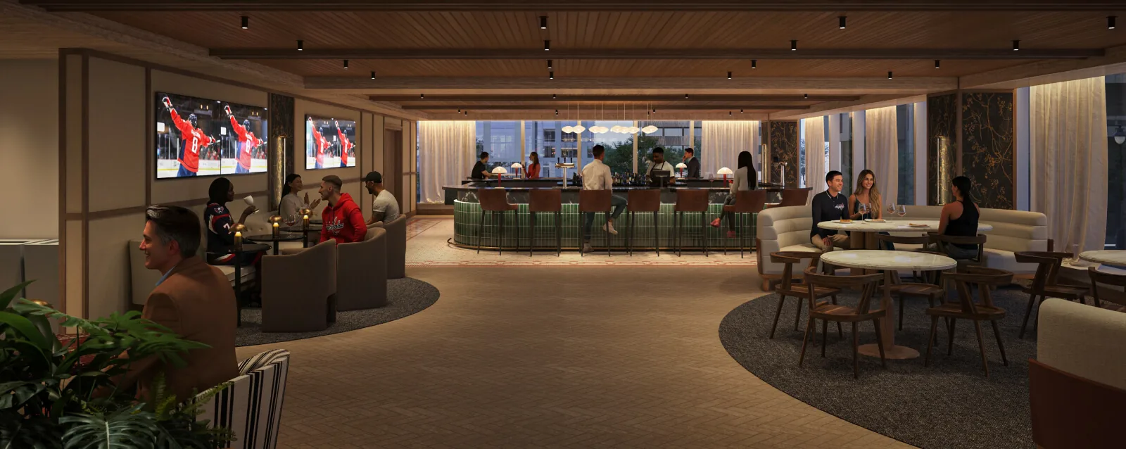 Pizza & Wine Bar lounge with a green-tiled bar, dining tables, and televisions