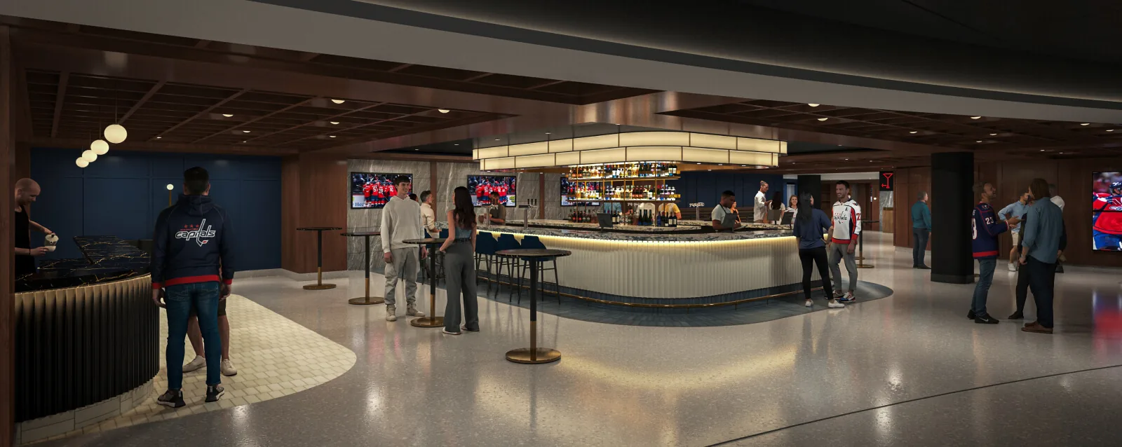 South Beer Hall with a large bar, communal seating, and arena views
