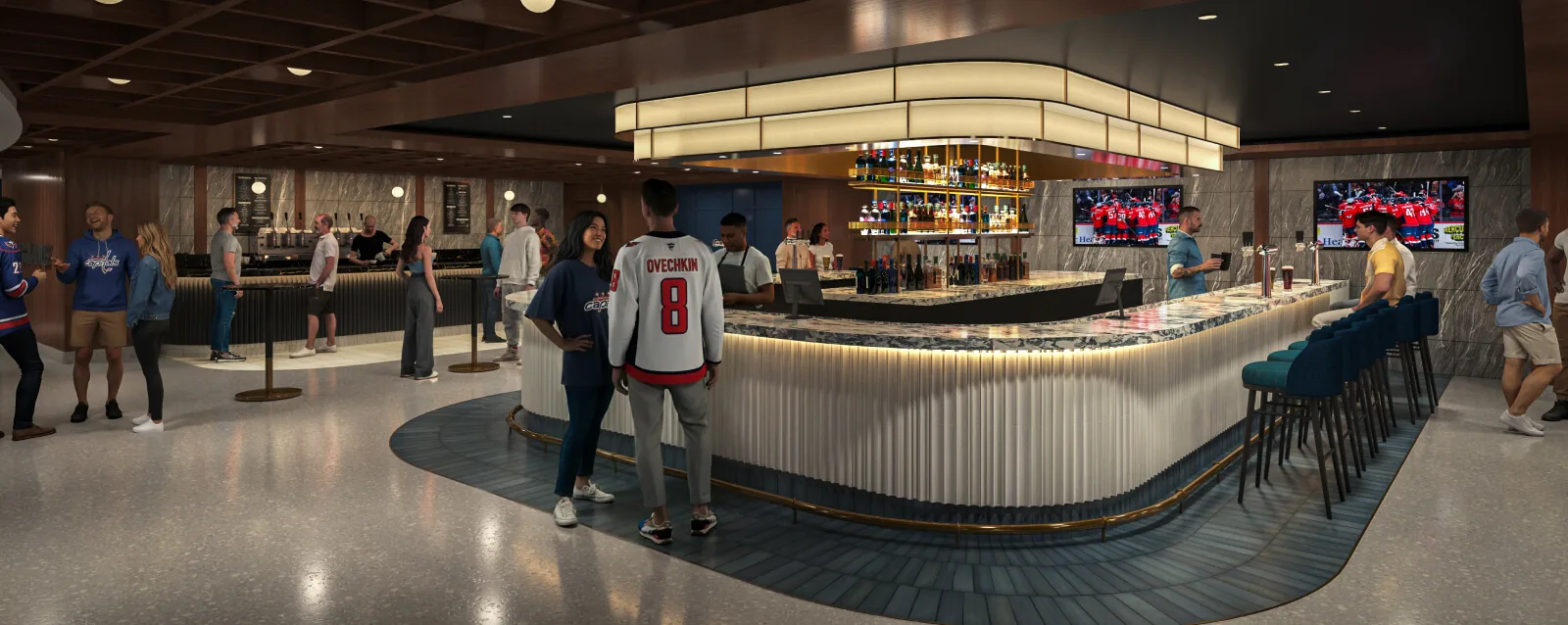 South Beer Hall social area with bar seating and televisions showing the game