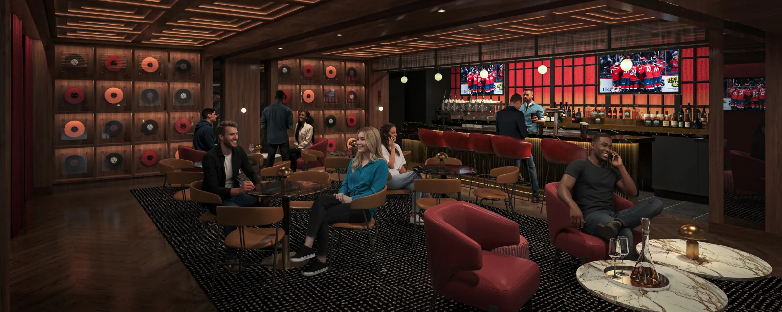 The Speakeasy lounge with plush seating, a cocktail bar, and music-inspired decor