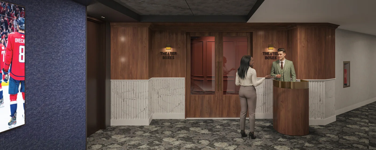 Theater Boxes entrance with wood paneling and a concierge desk