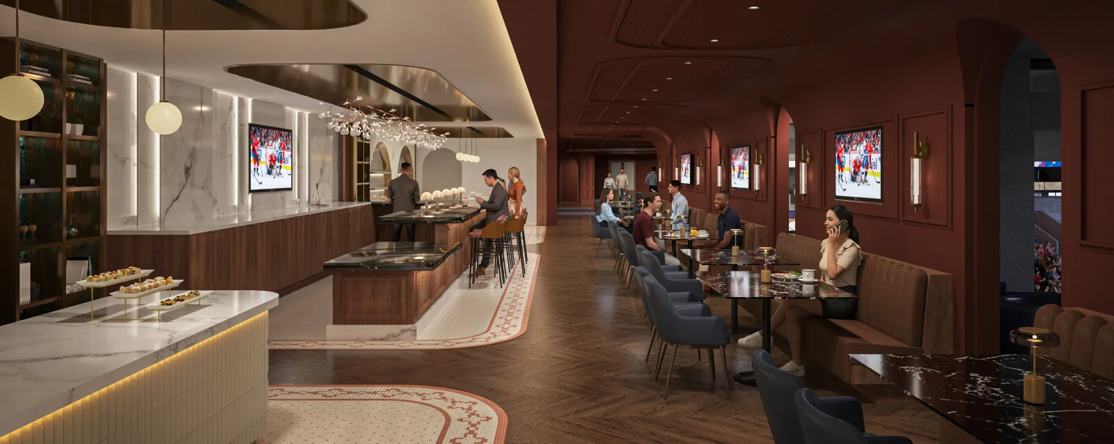 Theater Boxes club with marble buffet counters and dining tables
