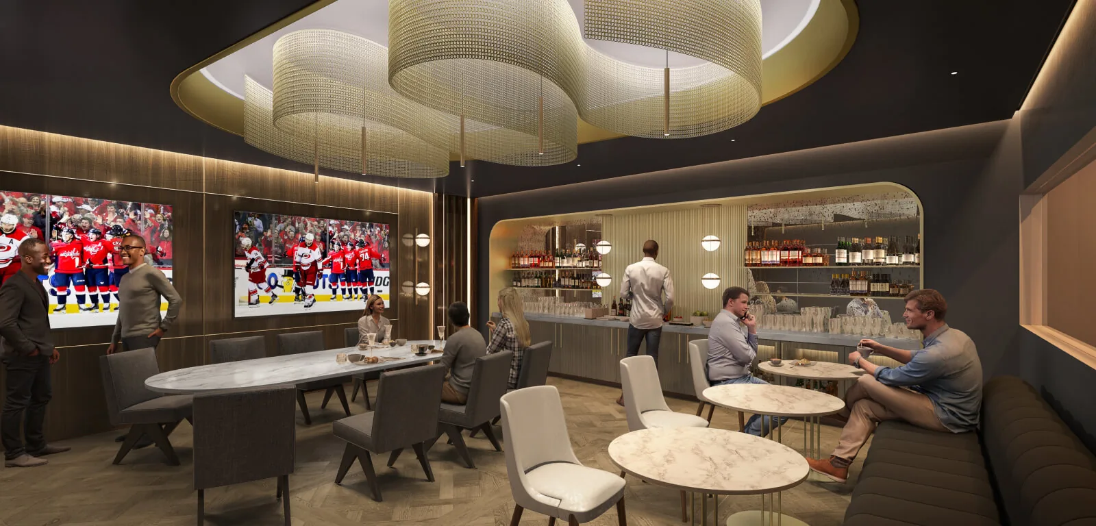 Innovation Suite meeting area with curved seating and overhead lighting