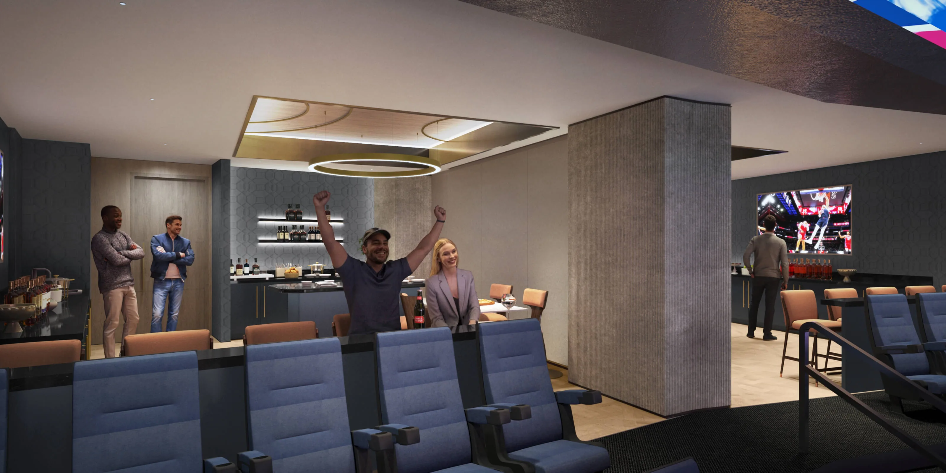 Party Suite lounge with stadium seats and private gathering space
