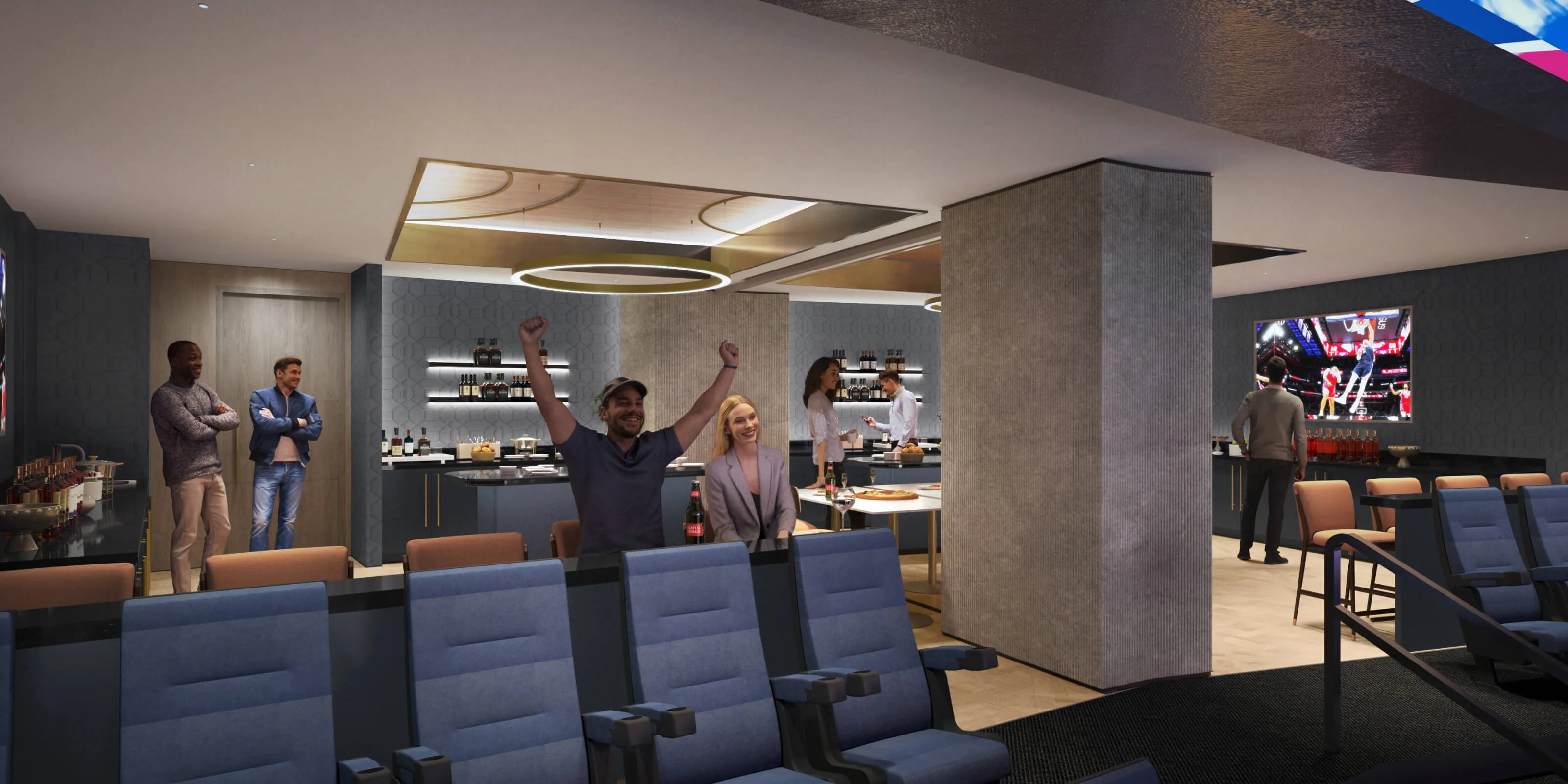Party Suite interior with arena seats, a hospitality bar, guests, and in-suite screens