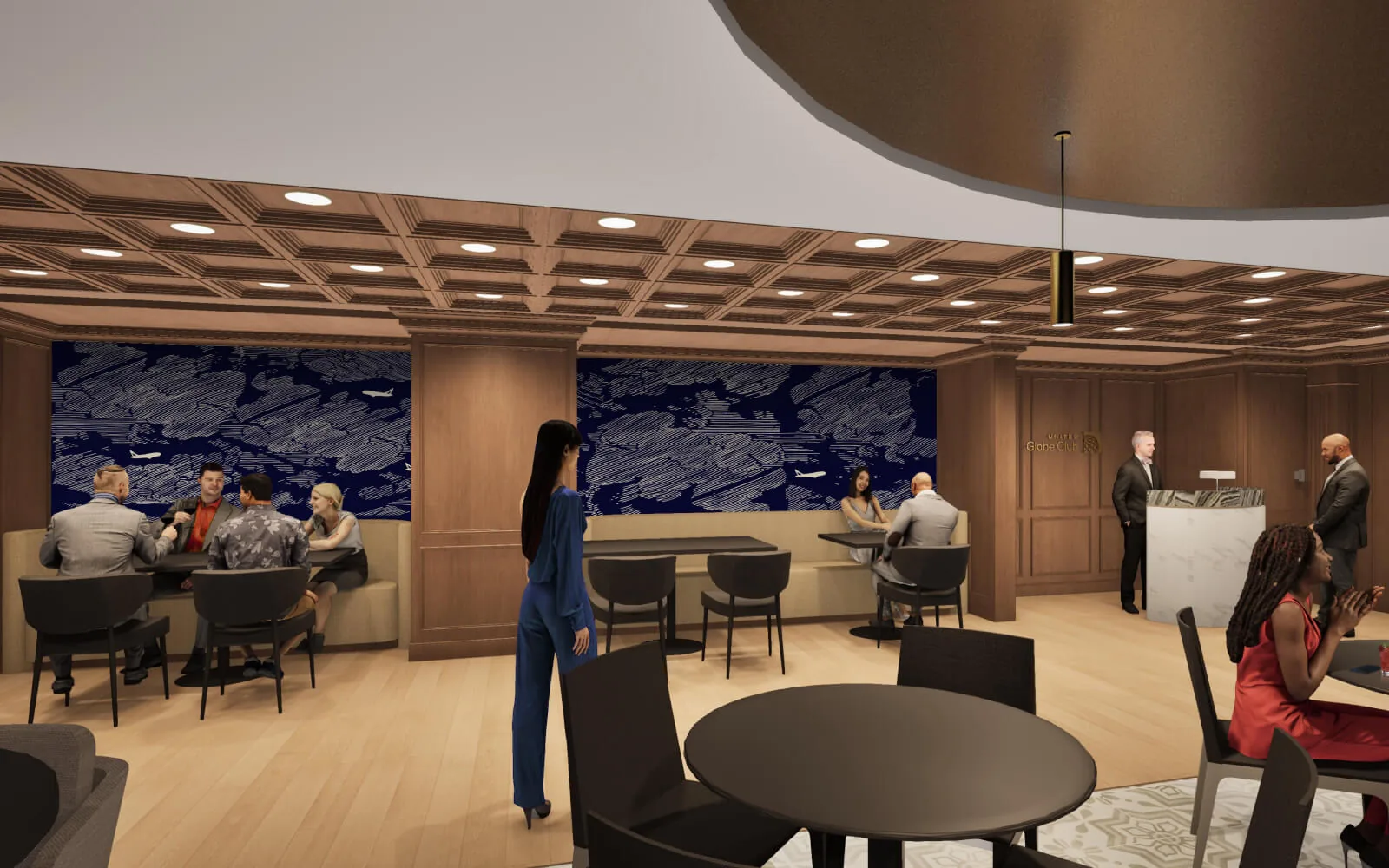 United Globe Club lounge with curved seating and premium finishes